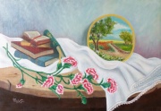 Garofani, libri e piatto - Olio su tela 50 x 35